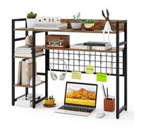 COSTWAY Étagère de Bureau, Bibliothèque Étagère à 4 Niveaux avec Panneau à Grille Métallique et 6 Crochets, Organisateur pour Moniteurs d'Ordinateur jusqu'à 32", pour Bureau, Dortoir (Brun Rustique)