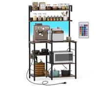 COSTWAY Étagère de Cuisine avec Prise de Courant, Meuble Micro-Ondes à 5 Niveaux avec Éclairage LED, Étagères de Rangement, Station de Café pour Salle à Manger et Salon, Marron Rustique