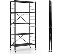 COSTWAY Étagère de stockage pliante à 5 niveaux avec roulettes, 3 en 1 Étagère de cuisine DIY avec étagères réglables en hauteur, étagère de rangement autoportante en métal pour garage, cuisine, balco