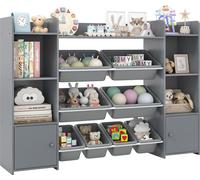 COSTWAY Étagère en bois pour enfants à 4 étages, armoire à jouets avec 8 boîtes, 2 bancs et étagères, étagère à livres pour enfants, organisateur de jouets pour la salle de jeux Gris