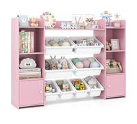 COSTWAY Étagère en bois pour enfants à 4 étages, armoire à jouets avec 8 boîtes, 2 bancs et étagères, étagère à livres pour enfants, organisateur de jouets pour la salle de jeux Rose