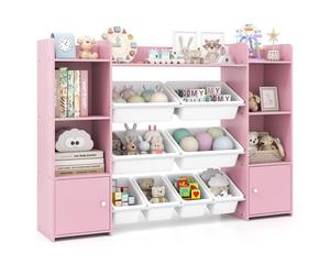 COSTWAY Étagère en bois pour enfants à 4 étages, armoire à jouets avec 8 boîtes, 2 bancs et étagères, étagère à livres pour enfants, organisateur de jouets pour la salle de jeux Rose
