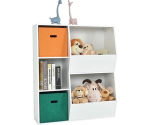 COSTWAY Étagère pour enfants à 3 étages avec 2 paniers supplémentaires, étagère moderne au sol pour livres, jouets, poupées, étagère de rangement à 5 compartiments, pour chambre d'enfant, salon (Blanc