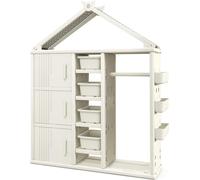 COSTWAY Étagère pour enfants, Bibliothèque pour enfants, Étagère à jouets avec tringle à vêtements, étagères, paniers latéraux & 4 boîtes de rangement, Armoire à jouets, Blanc