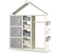 COSTWAY Étagère pour enfants, Bibliothèque pour enfants, Étagère à jouets avec tringle à vêtements, étagères, paniers latéraux & 4 boîtes de rangement, Armoire à jouets, Gris