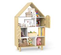 COSTWAY Étagère pour enfants en forme de maison, bibliothèque pour enfants avec 2 portes & pieds en bois massif, 4 niveaux d'étagères à jouets en bois, organisateur de jouets