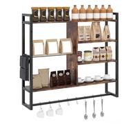 COSTWAY Étagères Flottantes 107 cm, Étagère Murale Suspendue avec Étagères en Verre Trempé, 8 Crochets en S et Poche Latérale Amovible, Présentoir de Cuisine, Bar à Café, Salon (Noir)