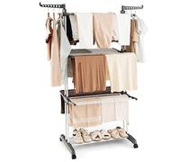 COSTWAY Étendoir Linge 3 Niveaux, Sechoir à Linge Pliable à roulettes en Métal, Tancarville Linge Solide avec 2 Porte-cintres, Porte-Chaussures, Seche Linge Intérieur Extérieur