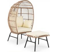 COSTWAY Fauteuil en osier polyrotin, canapé de jardin Fauteuil de jardin avec pouf, coussins et structure métallique, fauteuil en rotin, fauteuil lounge, beige