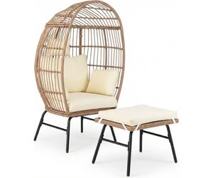 COSTWAY Fauteuil en osier polyrotin, canapé de jardin Fauteuil de jardin avec pouf, coussins et structure métallique, fauteuil en rotin, fauteuil lounge, beige