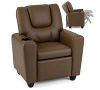 COSTWAY Fauteuil Enfant Inclinable avec Porte-Gobelet et Repose-Pieds Rétractable, Fauteuil Relaxant Enfant en Cuir Artificiel avec Dossier Réglable 139°，Charge 68kg, Chaise Relax pour 3 Ans+ (Brun)