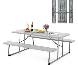 COSTWAY Garniture de table de brasserie pliante, 183cm Garniture de table de brasserie avec plateau de table HDPE, trou de parapluie & cadre métallique, Garniture de siège en imitation bois