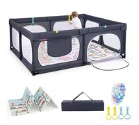 COSTWAY Grand Parc Bebe Pliable avec 50 Balles Océaniques, Clôture pour Tout-Petits avec 4 Anneaux à Main, Centre d'Activités pour Bébé, Poche de Rangement, 189 x 158 x 68 CM (Gris Clair)