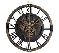 COSTWAY Grande horloge murale, 68 cm, horloge à rouages avec carte du monde et rouages mobiles, horloge décorative en métal, décoration murale à piles pour la cuisine, marron