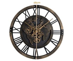 COSTWAY Grande horloge murale, 68 cm, horloge à rouages avec carte du monde et rouages mobiles, horloge décorative en métal, décoration murale à piles pour la cuisine, marron