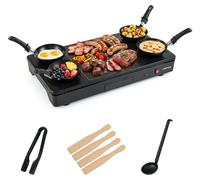 COSTWAY, grill électrique 2 en 1, grill de table, plaque de cuisson électrique avec pince à griller, cuillère, spatules en bois, revêtement antiadhésif et bac de récupération des graisses