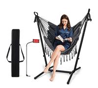 COSTWAY Hamac sur Pied avec Support en Métal 6 Hauteurs 96-146 cm, Chaise Suspendue en Coton Tissé Charge 250KG avec Oreiller Poche Latérale Porte-Téléphone et Sac (Gris)