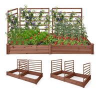 COSTWAY Jardin surélevé avec 2 bacs à plantes et 3 tuteurs, ensemble de bacs à plantes en bois pour l'extérieur, marron, 222 x 114 x 110 cm