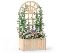 COSTWAY Jardinière en Bois avec Treillis, Lit de Jardin Surélevé avec Écran d'Intimité et Trous de Drainage, Bac à Fleurs d'Extérieur pour Plante Grimpante Fleurs Légumes, 61 x 30 x 121 cm (Naturel)