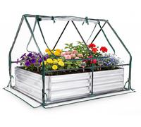 COSTWAY, jardinière surélevée 3 en 1 avec serre, 127x97x93 cm. Boîte de plantation avec 2 fenêtres enroulables à fermeture éclair et fond ouvert, serre en film plastique
