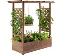 COSTWAY Jardinière surélevée avec treillis et toit suspendu, bac à fleurs, bac à plantes pour plantes grimpantes, paniers suspendus Marron