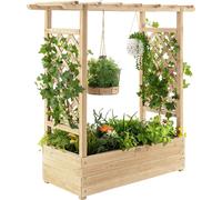 COSTWAY Jardinière surélevée avec treillis et toit suspendu, bac à fleurs, bac à plantes pour plantes grimpantes, paniers suspendus nature