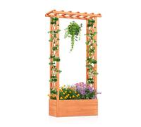 COSTWAY Jardinière surélevée avec treillis, toit suspendu & treillis, bac à fleurs pour plantes grimpantes, paniers suspendus, bac à plantes en bois 66x32x152cm Orange