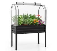 COSTWAY Jardinière Surélevée en Métal avec Serre, Carré Potager avec Bâche de Protection, Mini Serre Extérieure avec Porte Zippée Enroulable, pour Légumes Plantes Fleurs (Noir)