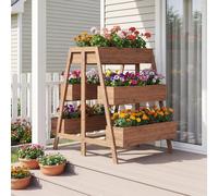 COSTWAY jardinière verticale à 3 étages, jardinière à 6 bacs, fond à lattes et insert, escalier à fleurs, jardinière en bois, bac à fleurs marron, 126 x 90 x 115 cm
