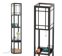 COSTWAY Lampadaire en Bois, 2 Ports de Charge USB et 1 Tiroir, Lampe Étagère avec Douille E27, Lampe sur Pied de Avec Etagères Pour Chambre et Salon, Noir
