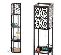 COSTWAY Lampadaire en Bois, 2 Ports de Charge USB et 1 Tiroir, Lampe Étagère avec Douille E27, Lampe sur Pied de Avec Etagères Pour Chambre et Salon, Noir
