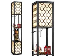 COSTWAY Lampadaire en Bois, Lampadaire sur Pieds avec Lumière en Haut et en Bas, 2 Base pour Lampe E27, Lampe sur Pied de Avec Etagères Pour Chambre et Salon, Noir