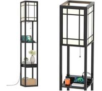 COSTWAY Lampadaire Salon 1,6M en Bois avec 2 Ports USB,1 Tiroir et 3 Etagères de Stockage Etagère de Présentation pour Chambre 60W