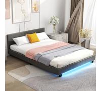 COSTWAY Lit 140x200 cm avec Éclairage LED et Sommier à Lattes, Cadre de lit Plateforme Tapissé avec Tête de Lit, Poches latérales, pour 2 Personnes, Moderne, Montage Facile (Gris)