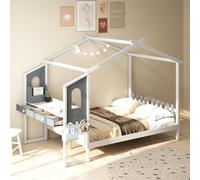 COSTWAY Lit Cabane Enfant 140 x 200 cm avec Grand Bureau, Lit Maison Double en Bois avec sommier à Lattes, Crochets et Tiroirs, Cadre de Lit Plateforme pour Garçon et Fille, Blanc et Gris