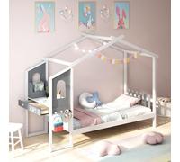 COSTWAY Lit Cabane Enfant 90 x 200 cm avec Grand Bureau, Lit Maison Double en Bois avec sommier à Lattes, Crochets et Tiroirs, pour Garçon et Fille, 102 x 253 x 193 cm, Charge 150 kg, Blanc et Gris