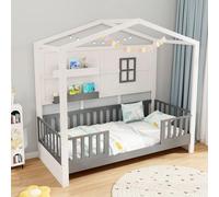 COSTWAY Lit Cabane Enfant 90 x 200 cm, Lit d'enfants avec Fenêtre 2 Etagères et Garde-Corps, Lattes en Bois pour Garçons et Filles, Lit 1 Place, Pas Besoin de Sommier, Blanc et Gris