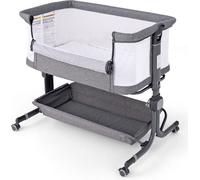 COSTWAY Lit d'appoint 3 en 1 avec matelas, lit bébé réglable en hauteur 6 positions pour bébé jusqu'à 6 mois (gris foncé)