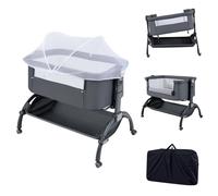 COSTWAY Lit d'appoint 3 en 1, Lit de voyage pour bébé réglable en hauteur sur 7 positions avec matelas, sac de transport, panier de rangement pour bébé jusqu'à 9 mois, Gris