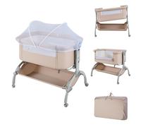 COSTWAY Lit d'appoint 3 en 1, Lit de voyage pour bébé réglable en hauteur sur 7 positions avec matelas, sac de transport, panier de rangement pour bébé jusqu'à 9 mois, Beige