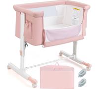 COSTWAY Lit d'appoint 3en1, berceau, lit de voyage inclinable, hauteur réglable sur 5 positions, matelas inclus, sac de transport pour bébés jusqu'à 9kg Rose