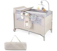 COSTWAY Lit d'appoint pliable 5 en 1, lit de voyage avec matelas, lit bébé 2 niveaux pour bébé jusqu'à 3 ans (Beige)