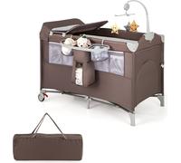 COSTWAY Lit d'appoint pliable 5 en 1, lit de voyage avec matelas, lit bébé 2 niveaux pour bébé jusqu'à 3 ans (Marron)