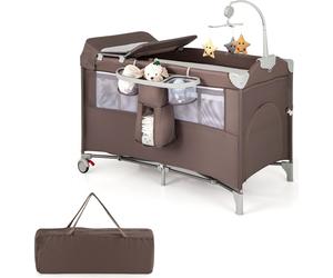 COSTWAY Lit d'appoint pliable 5 en 1, lit de voyage avec matelas, lit bébé 2 niveaux pour bébé jusqu'à 3 ans (Marron)