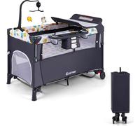 COSTWAY Lit de bébé 5 en 1 avec table à langer, lit de voyage pour bébé à 2 niveaux avec 3 jouets & boîte à musique & sac de rangement, lit d'appoint réglable à 4 niveaux pour bébé avec roulettes & sa
