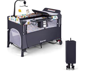 COSTWAY Lit de bébé 5 en 1 avec table à langer, lit de voyage pour bébé à 2 niveaux avec 3 jouets & boîte à musique & sac de rangement, lit d'appoint réglable à 4 niveaux pour bébé avec roulettes & sa