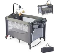 COSTWAY Lit de bébé 5 en 1, Lit de voyage pour bébé avec matelas, Lit d'appoint réglable en hauteur avec table à langer, ceinture de sécurité, boîte à musique & jouets suspendus, Chaise longue Berceau