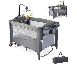 COSTWAY Lit de bébé 5 en 1, Lit de voyage pour bébé avec matelas, Lit d'appoint réglable en hauteur avec table à langer, ceinture de sécurité, boîte à musique & jouets suspendus, Chaise longue Berceau