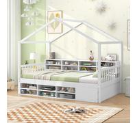 COSTWAY Lit de maison 90x200cm, Lit d'enfant avec protection antichute, 14 compartiments, armoire intégrée & sommier à lattes, Lit d'adolescent jusqu'à 200kg, pour enfants Blanc