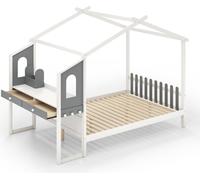 COSTWAY Lit de maison avec bureau 90x200cm, Lit d'enfant avec sommier à lattes, Bureau avec boîte de rangement, tiroirs et crochets pour enfants, Blanc